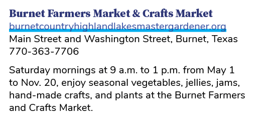 Burnet Farmers Market & Crafts Market burnetcountryhighlandlakesmastergardener.org Main Street and Washington Street,...