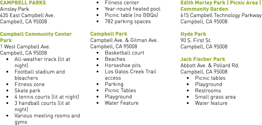 CAMPBELL PARKS Ainsley Park 435 East Campbell Ave. Campbell, CA 95008 Campbell Community Center Park 1 West Campbell ...