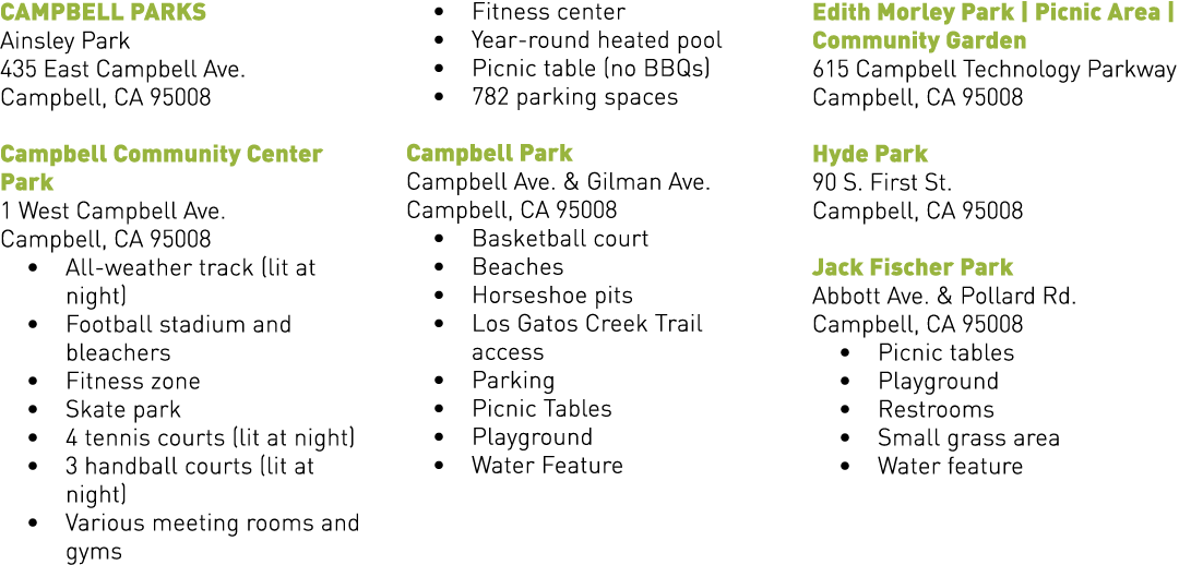 CAMPBELL PARKS Ainsley Park 435 East Campbell Ave. Campbell, CA 95008 Campbell Community Center Park 1 West Campbell ...