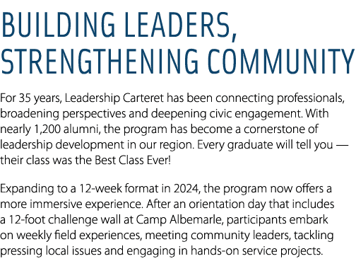 Building Leaders, Strengthening Community For 35 years, Leadership Carteret has been connecting professionals, broade...