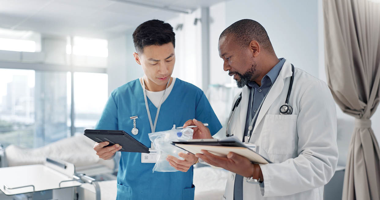 Internet, black man or doctor with a tablet, typing or connection with online results, healthcare or website information. African person, worker or medical professional with tech, surgeon or research