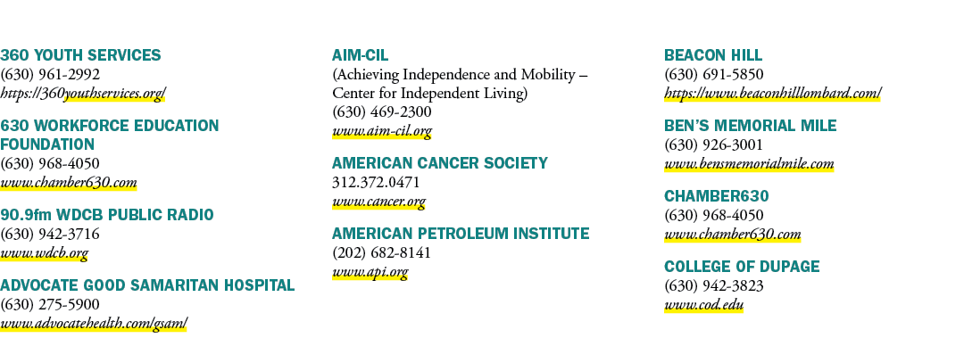 360 YOUTH SERVICES (630) 961 2992 https://360youthservices.org/ 630 WORKFORCE EDUCATION FOUNDATION (630) 968 4050 www...