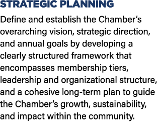 STRATEGIC PLANNING Define and establish the Chamber’s overarching vision, strategic direction, and annual goals by de...