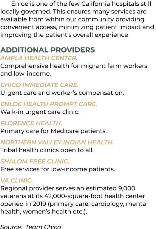 Enloe is one of the few California hospitals still locally governed. This ensures many services are available from wi...