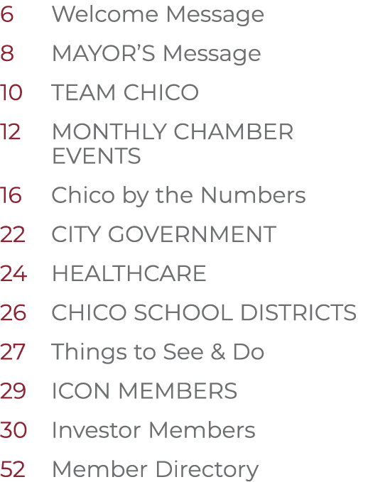 6 Welcome Message 8 MAYOR’S Message 10 TEAM CHICO 12 MONTHLY CHAMBER EVENTS 16 Chico by the Numbers 22 CITY GOVERNMEN...