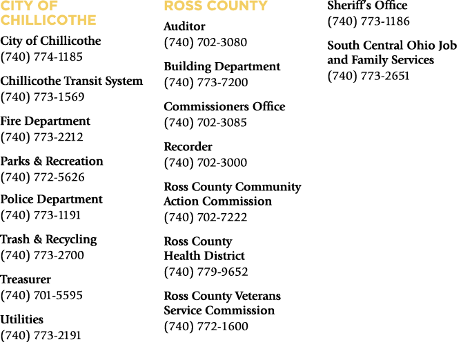 CITY OF CHILLICOTHE City of Chillicothe (740) 774 1185 Chillicothe Transit System (740) 773 1569 Fire Department (740...
