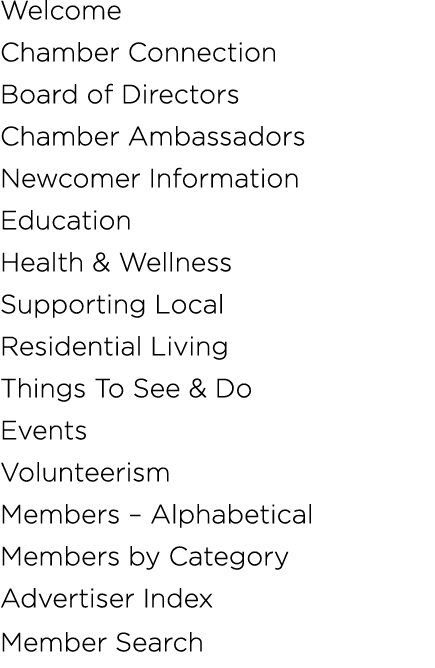 Welcome Chamber Connection Board of Directors Chamber Ambassadors Newcomer Information Education Health & Wellness Su...