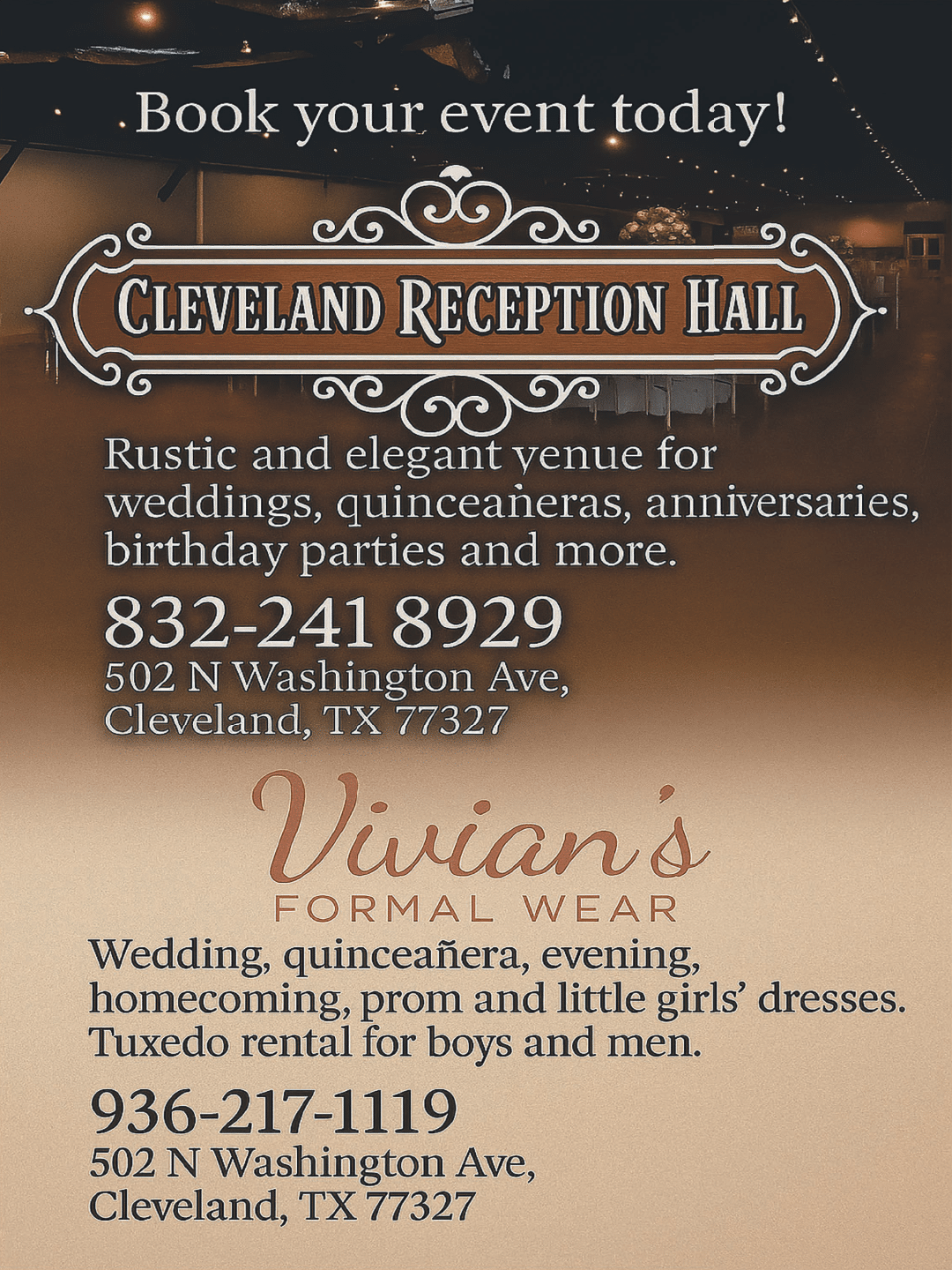 A flyer advertising an event at Cleveland Reception Hall. AI generated content