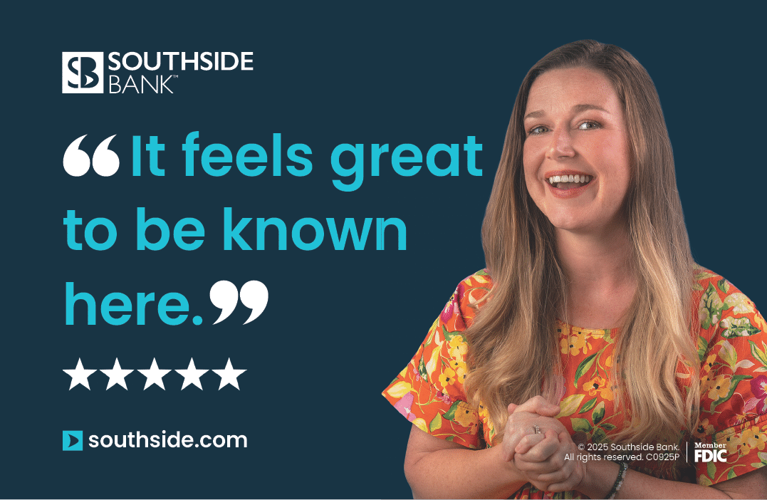 A woman is smiling and wearing a floral shirt. She is holding her hands together. The image is for Southside Bank. AI generated content