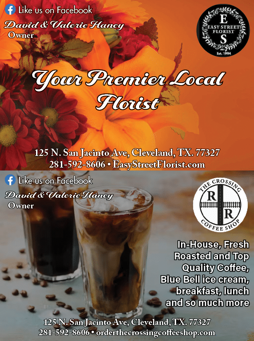 Two ads for a flower shop, one on the left and one on the right, showcase their products. The left ad features a cup of coffee and a glass of tea, while the right ad displays a cup of coffee and a glass of iced tea. Both ads include a phone number and address for the flower shop. AI generated content