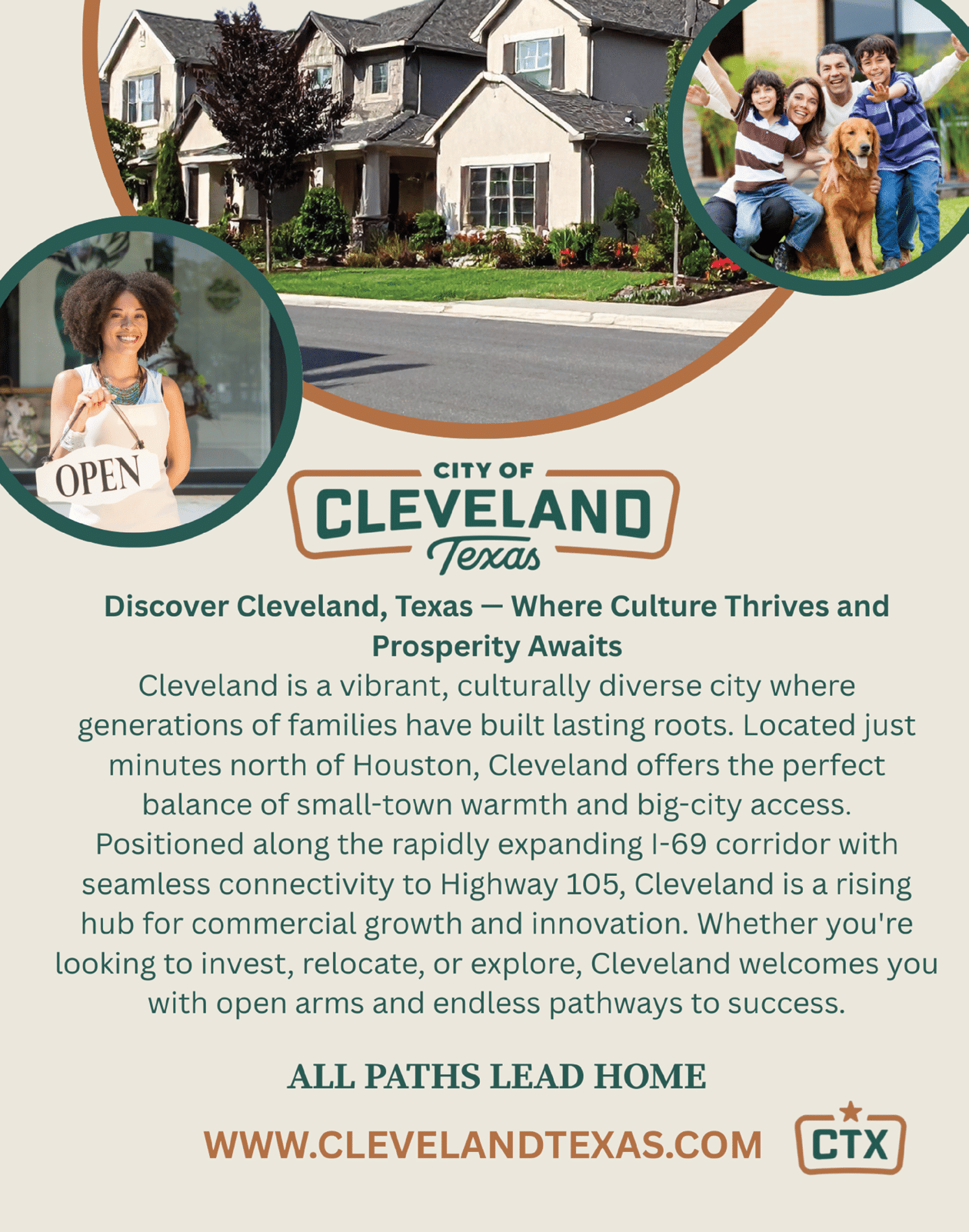 A flyer for Cleveland, Texas, featuring a woman and a dog. AI generated content