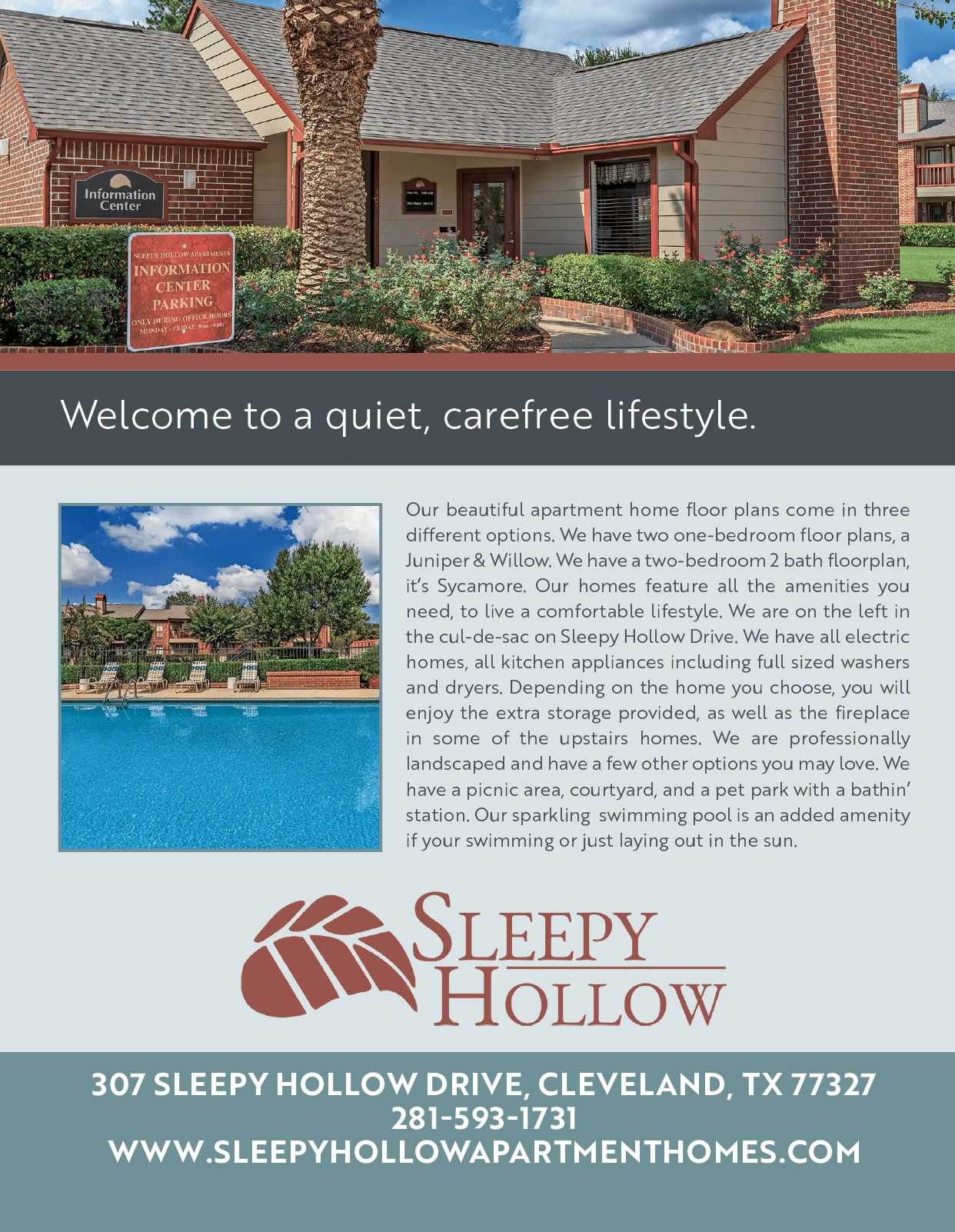 A flyer for a quiet, carefree lifestyle at a resort-style apartment complex. AI generated content