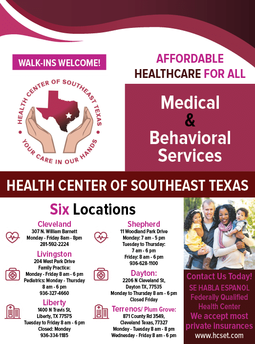 A flyer for the Health Center of Southeast Texas lists the locations and hours of operation. AI generated content