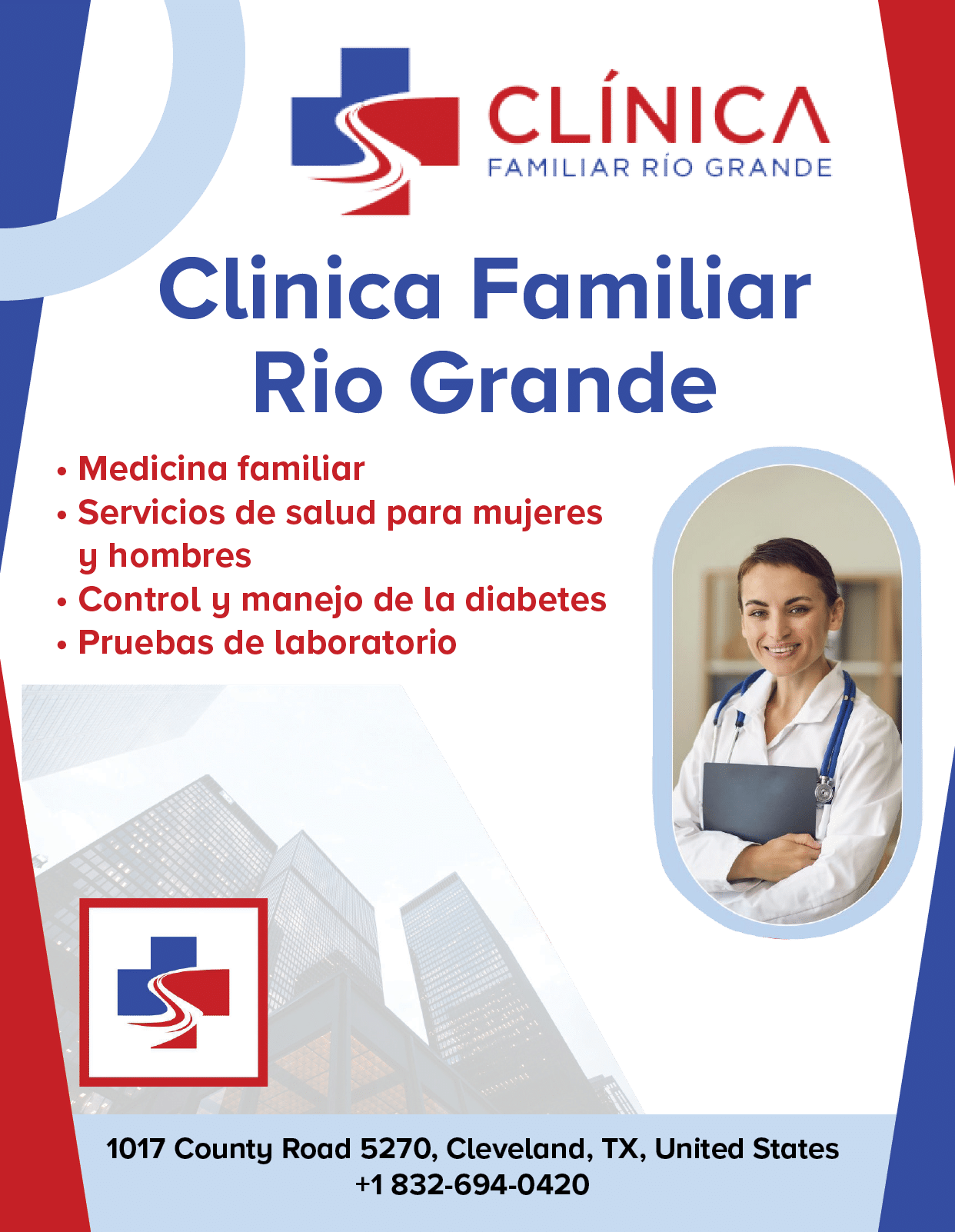 A woman in a white coat is shown on a flyer for a medical clinic. AI generated content