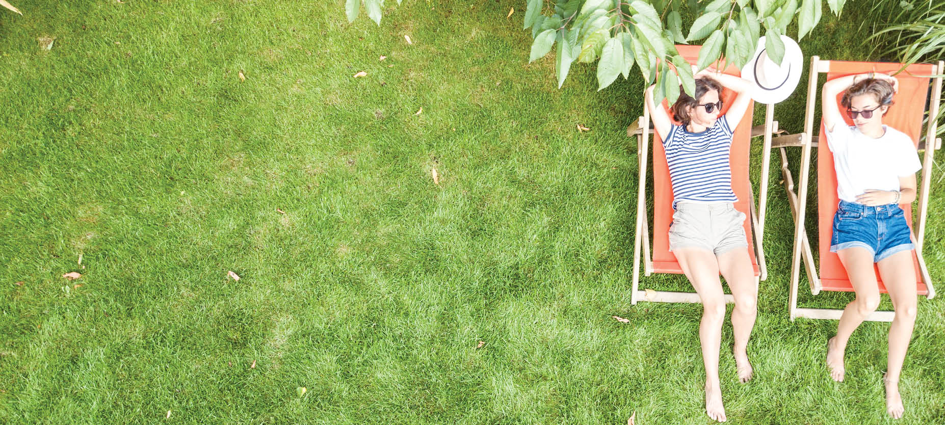 Young girls relax in summer garden in sunbed deckchairs on grass, women friends have fun outdoors in green park on weekend, aerial top view from above