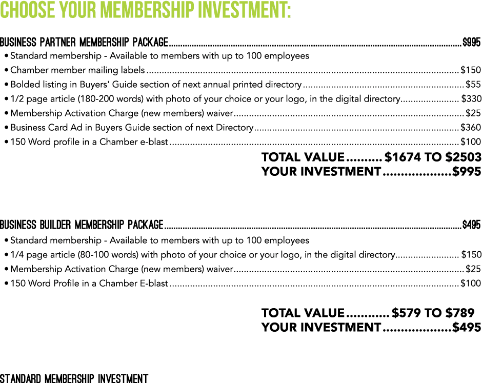 CHOOSE YOUR MEMBERSHIP INVESTMENT: Business Partner Membership Package $995 • Standard membership - Available to memb...