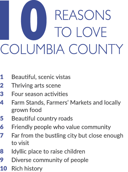 10 Reasons to love Columbia County 1 Beautiful, scenic vistas 2 Thriving arts scene 3 Four season activities 4 Farm S...