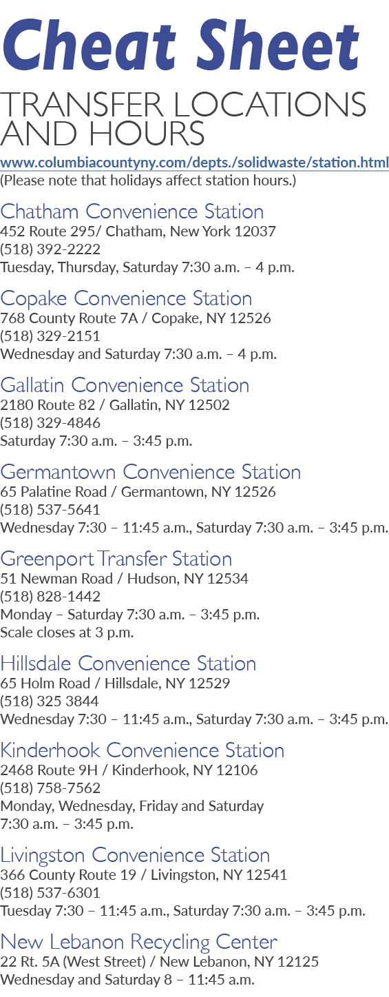 Cheat Sheet Transfer Locations and Hours www.columbiacountyny.com/depts./solidwaste/station.html (Please note that ho...