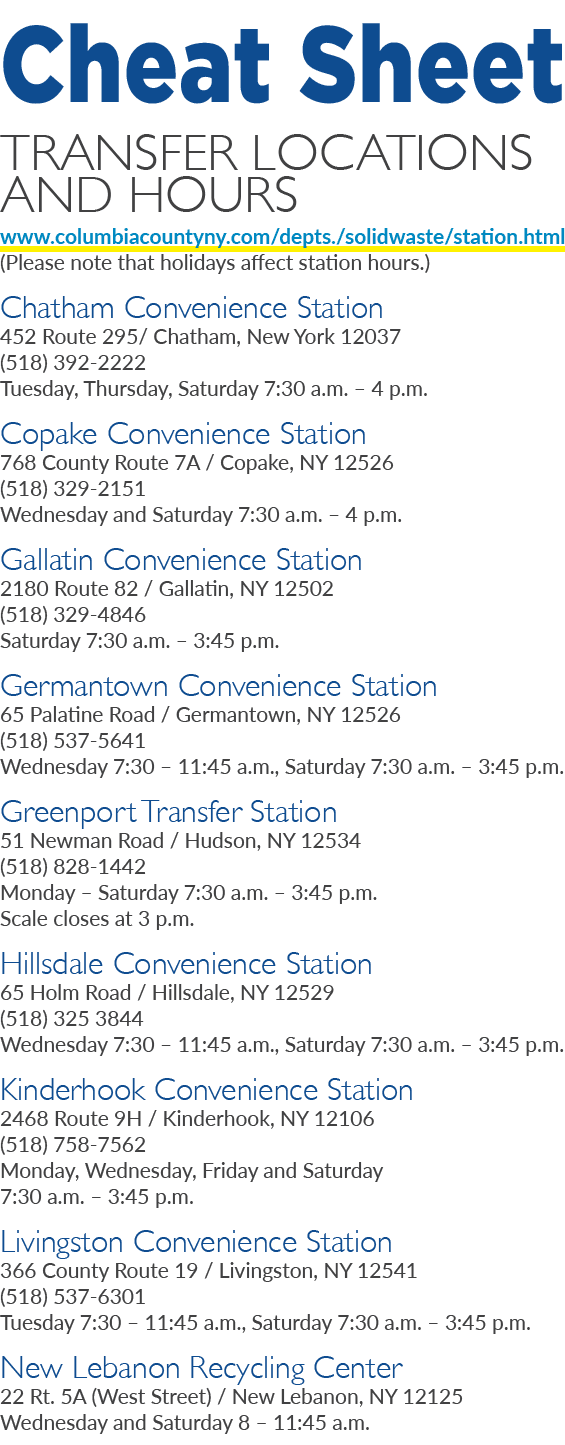 Cheat Sheet Transfer Locations and Hours www.columbiacountyny.com/depts./solidwaste/station.html (Please note that ho...