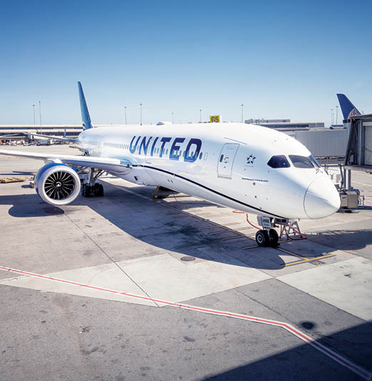 United Airlines Boeing 787 at the gate at San Francisco International Airport. Date: Mar 21, 2022