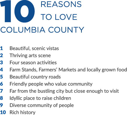 10 Reasons to love Columbia County 1 Beautiful, scenic vistas 2 Thriving arts scene 3 Four season activities 4 Farm S...