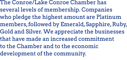 The Conroe Lake Conroe Chamber has several levels of membership  Companies who pledge the highest amount are Platinum   