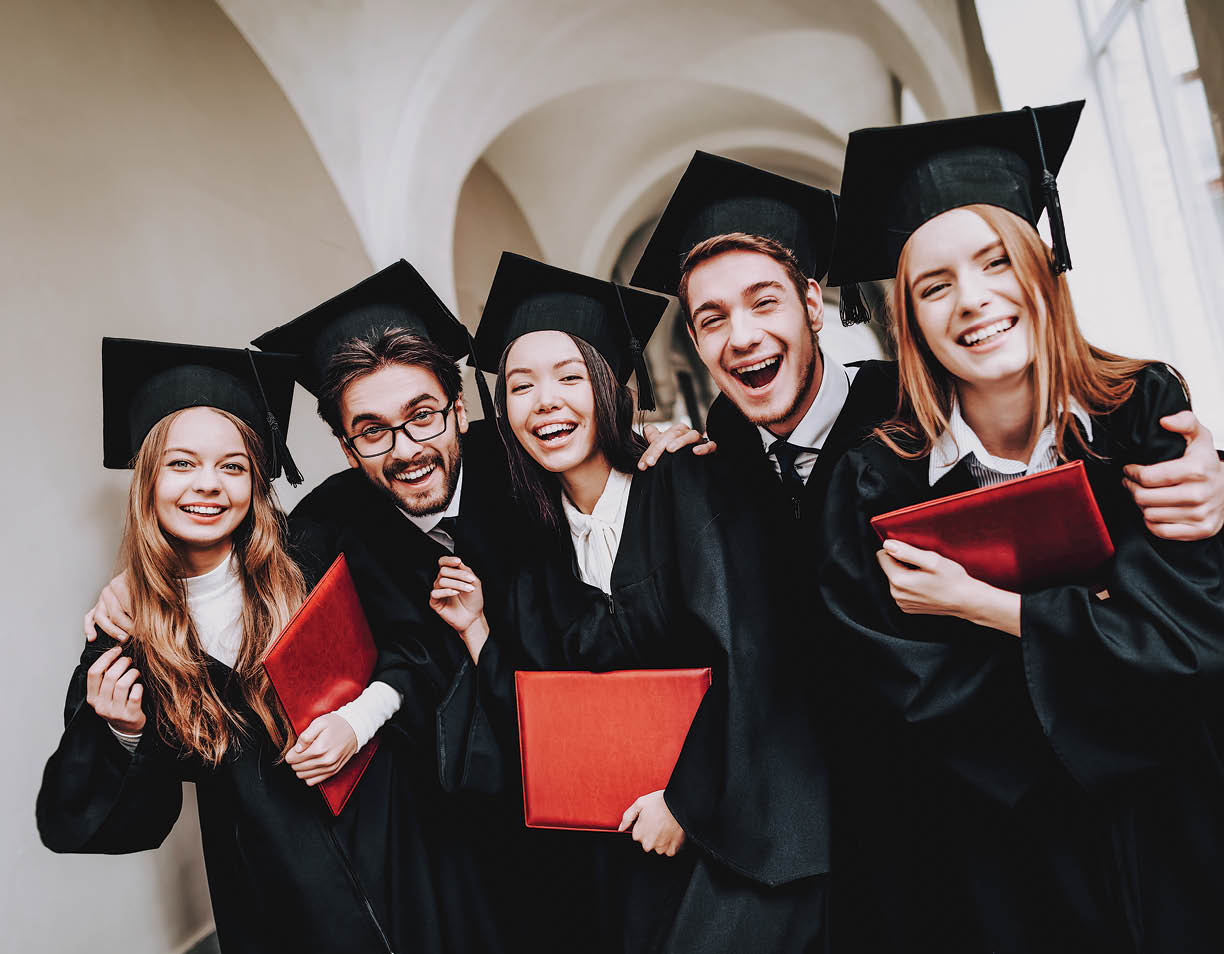 Diploma. University. Students. Mantles. Friendship. Group of Students. Standing. Corridor. University. Young People. Freelance. Knowledge. Architecture. Study Together. Good Mood. Have Fun.