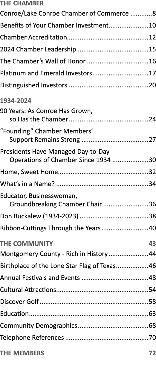 THE CHAMBER Conroe/Lake Conroe Chamber of Commerce 8 Benefits of Your Chamber Investment 10 Chamber Accreditation 12 ...