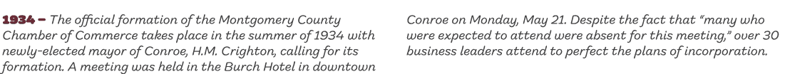 1934 – The official formation of the Montgomery County Chamber of Commerce takes place in the summer of 1934 with new...