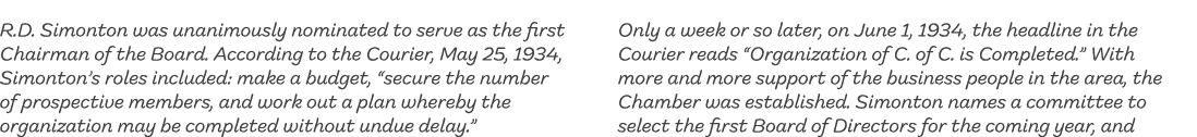 R.D. Simonton was unanimously nominated to serve as the first Chairman of the Board. According to the Courier, May 25...