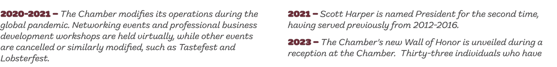 2020 2021 – The Chamber modifies its operations during the global pandemic. Networking events and professional busine...