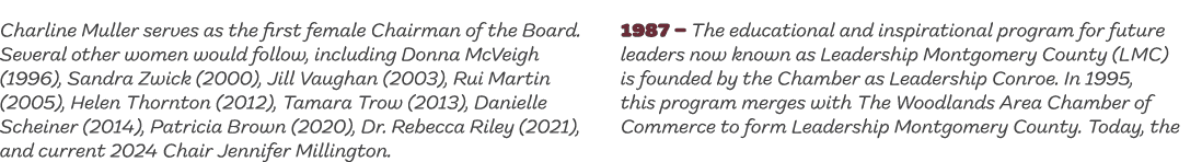Charline Muller serves as the first female Chairman of the Board. Several other women would follow, including Donna M...