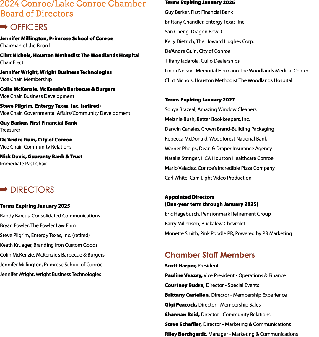 2024 Conroe/Lake Conroe Chamber Board of Directors  Officers Jennifer Millington, Primrose School of Conroe Chairman...