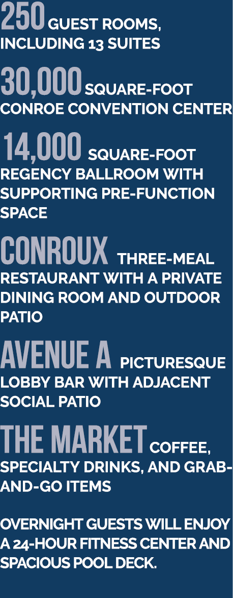 250 Guest Rooms, including 13 suites 30,000 square foot Conroe convention center 14,000 square foot regency ballroom ...
