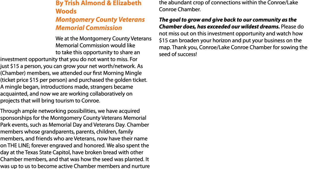 By Trish Almond & Elizabeth Woods Montgomery County Veterans Memorial Commission We at the Montgomery County Veterans...