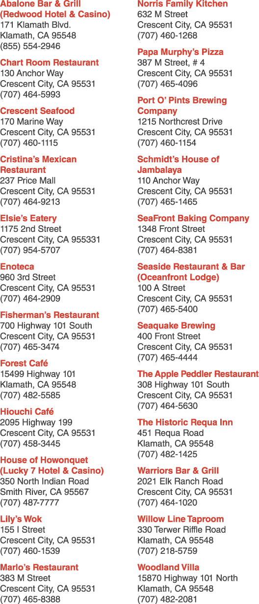 Abalone Bar & Grill (Redwood Hotel & Casino) 171 Klamath Blvd. Klamath, CA 95548 (855) 554 2946 Chart Room Restaurant...