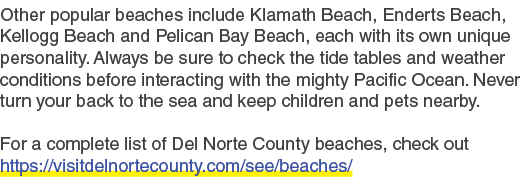Other popular beaches include Klamath Beach, Enderts Beach, Kellogg Beach and Pelican Bay Beach, each with its own un...