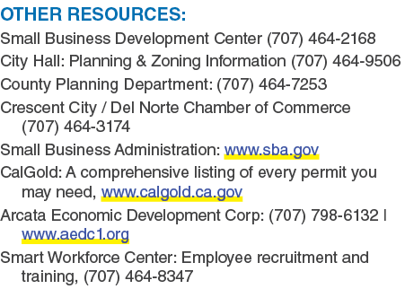 Other resources: Small Business Development Center (707) 464 2168 City Hall: Planning & Zoning Information (707) 464 ...