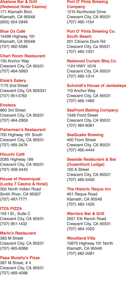Abalone Bar & Grill (Redwood Hotel Casino) 171 Klamath Blvd. Klamath, CA 95548 (855) 554 2946 Blue Ox Caf 15499 High...