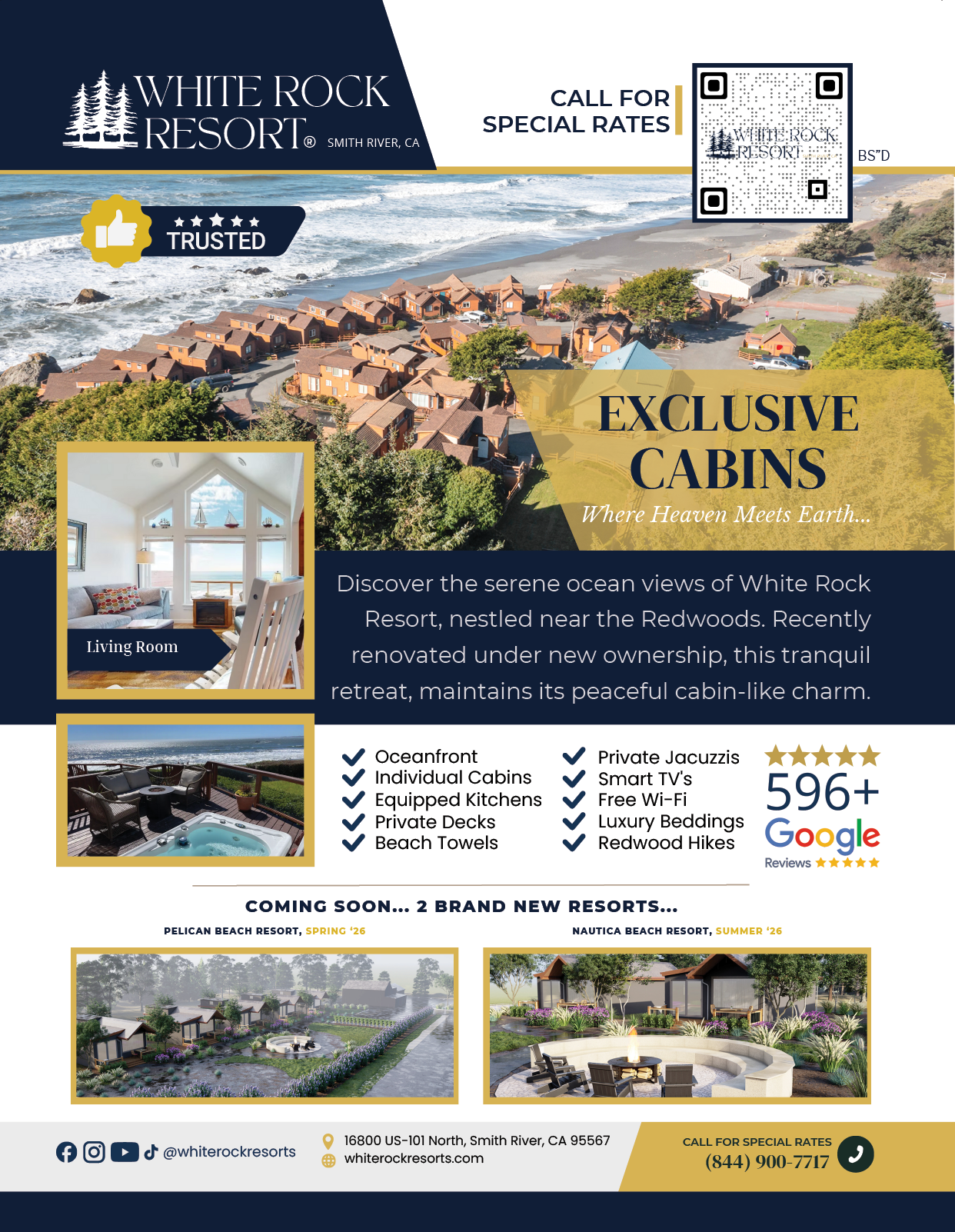 A brochure for White Rock Resort features a beachfront property with a large ocean view. The resort offers exclusive cabins, a tranquil atmosphere, and a variety of amenities. The brochure also includes a photo of a beach scene and a picture of a large house. AI generated content
