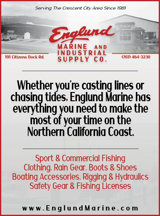 A flyer for Englund Marine Supply Co. features a picture of a boat and the text “Whether you're casting lines or chasing tides, Englund Marine has everything you need to make the most of your time on the Northern California coast." AI generated content