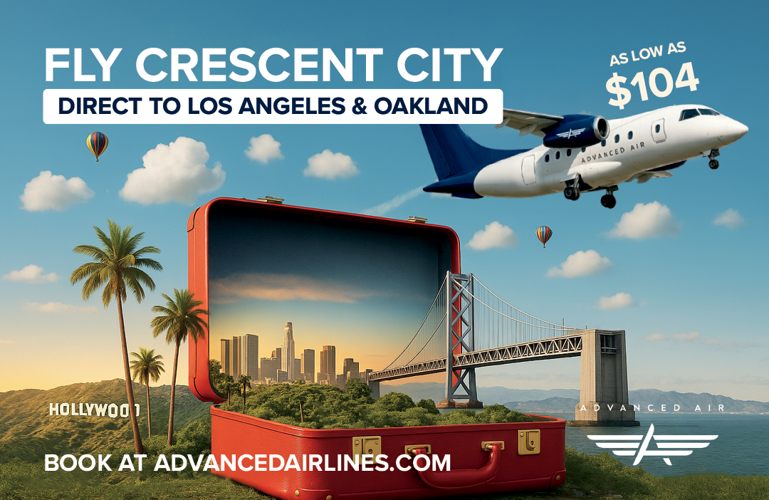 A red suitcase is shown on a billboard advertising a direct flight to Los Angeles and Oakland. AI generated content