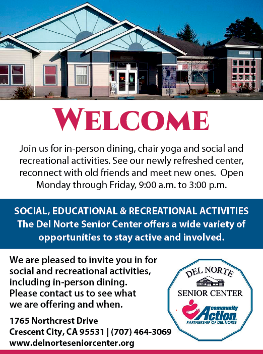 A flyer for the Del Norte Senior Center lists various activities for seniors, including social, educational, and recreational events. The flyer is displayed in a building with a blue sky background. AI generated content