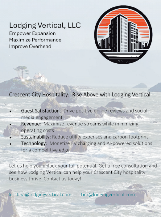 A flyer advertises a hotel with a picture of a building and the words “Rise Above with Lodging Vertical". AI generated content
