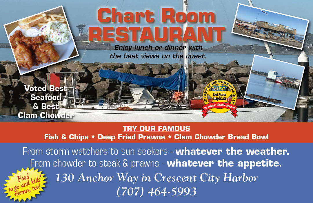 A restaurant advertisement for Chart Room Restaurant in Crescent City Harbor. AI generated content