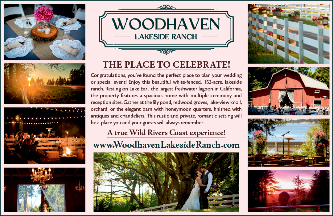 A brochure for Woodhaven LakeSide Ranch, featuring photos of a wedding, a barn, and a farm. AI generated content