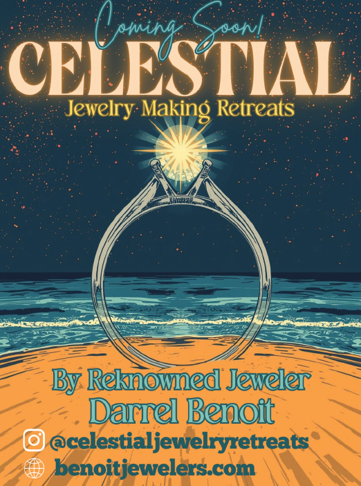 A ring is shown on a beach, with a jewelry making retreat advertisement. AI generated content