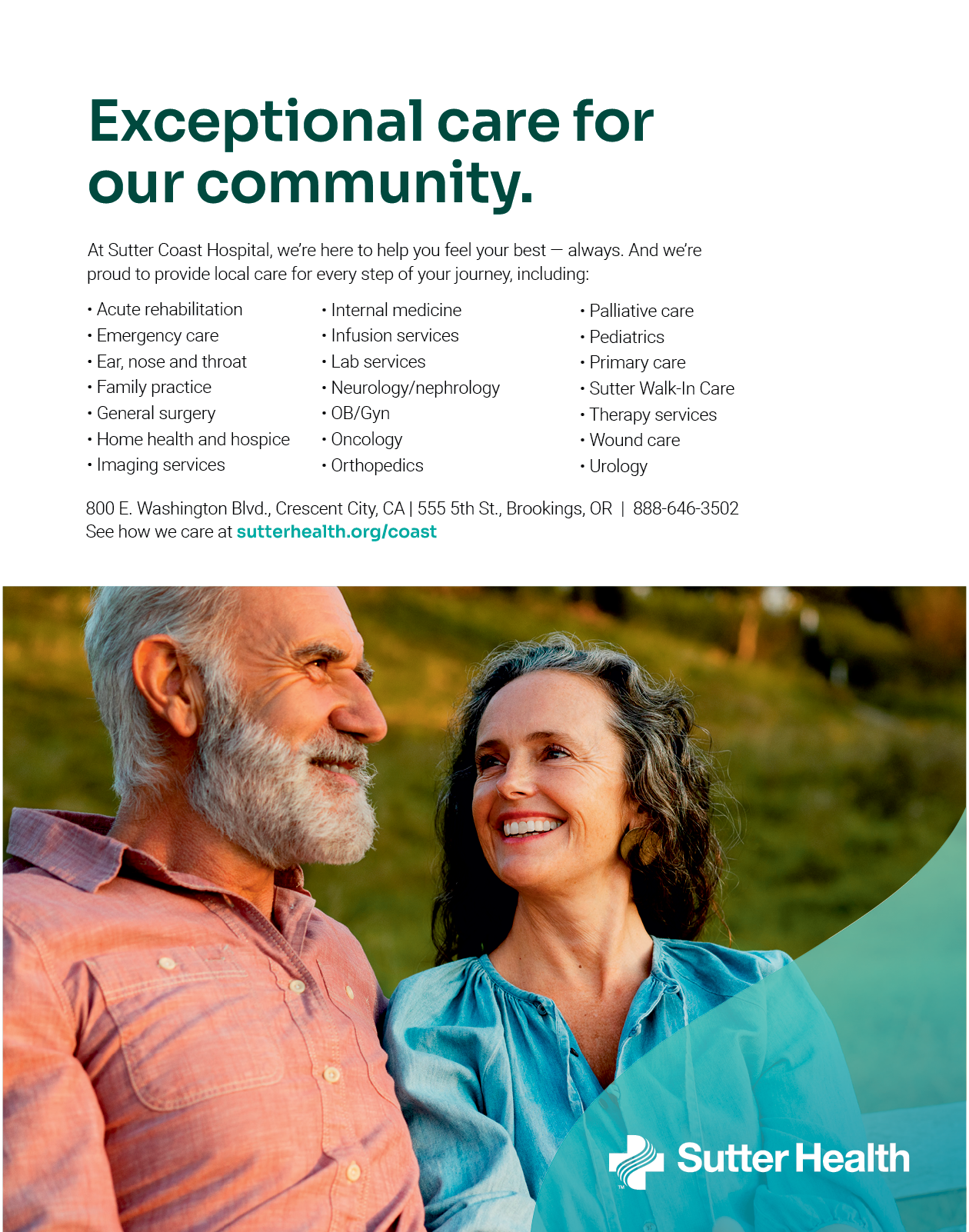 A man and woman are smiling for the camera, both wearing blue shirts. The woman is holding the man's arm. They are posing for a photo in front of a sign that says “Exemplary Care for Our Community." AI generated content