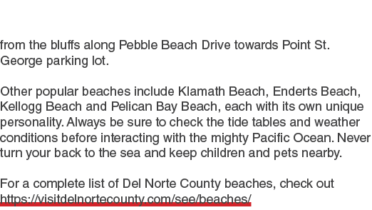 from the bluffs along Pebble Beach Drive towards Point St. George parking lot. Other popular beaches include Klamath ...
