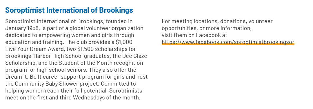 Soroptimist International of Brookings Soroptimist International of Brookings, founded in January 1958, is part of a ...
